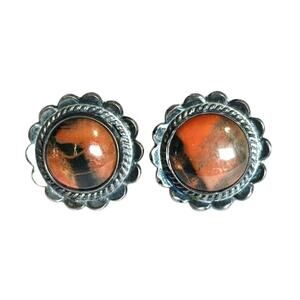 Vintage Fred Harvey Era Petrified Wood Sterling Medallion Earrings